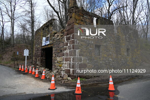 Cones are blocking off the historic Taylor's Mill in Lebanon, New Jersey, United States, on April 6, 2024. Safety cones are blocking off the...