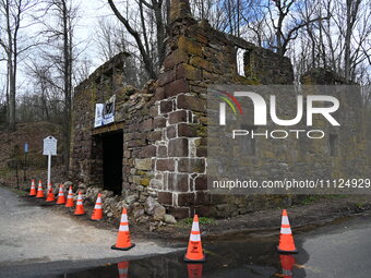 Cones are blocking off the historic Taylor's Mill in Lebanon, New Jersey, United States, on April 6, 2024. Safety cones are blocking off the...