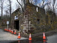 Cones are blocking off the historic Taylor's Mill in Lebanon, New Jersey, United States, on April 6, 2024. Safety cones are blocking off the...