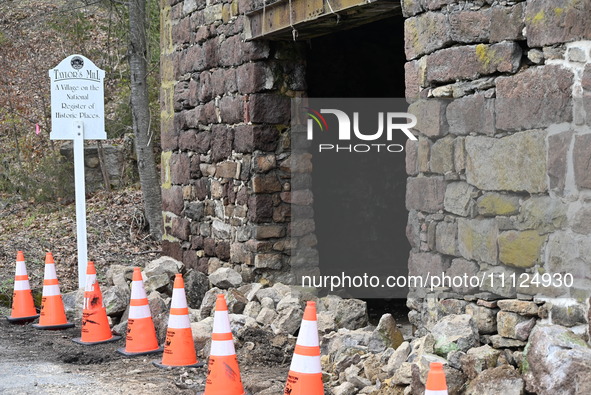 Cones are blocking off the historic Taylor's Mill in Lebanon, New Jersey, United States, on April 6, 2024. Safety cones are blocking off the...