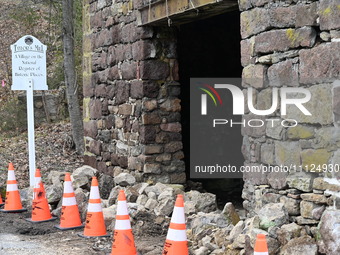 Cones are blocking off the historic Taylor's Mill in Lebanon, New Jersey, United States, on April 6, 2024. Safety cones are blocking off the...