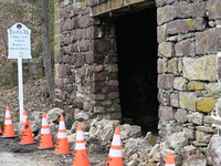 Cones are blocking off the historic Taylor's Mill in Lebanon, New Jersey, United States, on April 6, 2024. Safety cones are blocking off the...