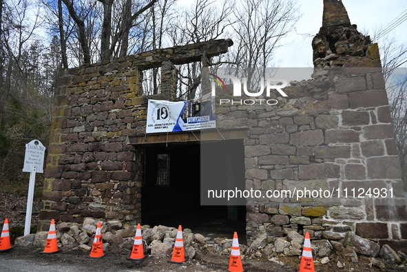 Cones are blocking off the historic Taylor's Mill in Lebanon, New Jersey, United States, on April 6, 2024. Safety cones are blocking off the...