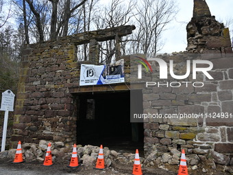 Cones are blocking off the historic Taylor's Mill in Lebanon, New Jersey, United States, on April 6, 2024. Safety cones are blocking off the...