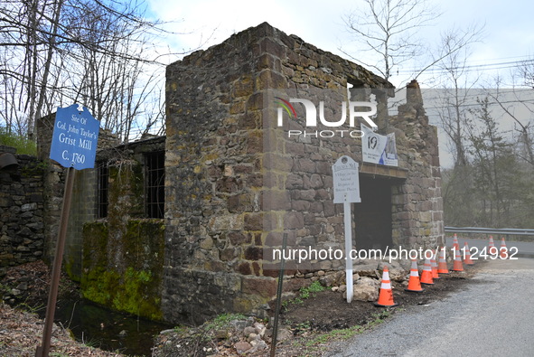 Cones are blocking off the historic Taylor's Mill in Lebanon, New Jersey, United States, on April 6, 2024. Safety cones are blocking off the...