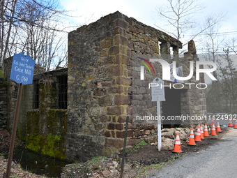 Cones are blocking off the historic Taylor's Mill in Lebanon, New Jersey, United States, on April 6, 2024. Safety cones are blocking off the...