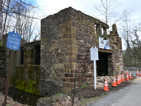 Cones are blocking off the historic Taylor's Mill in Lebanon, New Jersey, United States, on April 6, 2024. Safety cones are blocking off the...