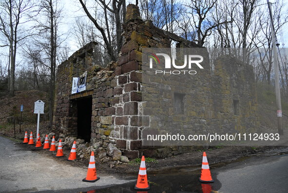 Cones are blocking off the historic Taylor's Mill in Lebanon, New Jersey, United States, on April 6, 2024. Safety cones are blocking off the...