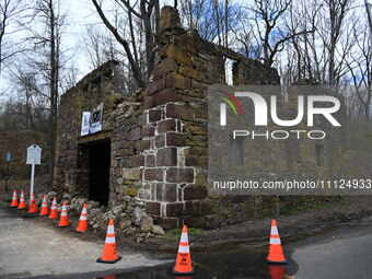 Cones are blocking off the historic Taylor's Mill in Lebanon, New Jersey, United States, on April 6, 2024. Safety cones are blocking off the...