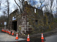 Cones are blocking off the historic Taylor's Mill in Lebanon, New Jersey, United States, on April 6, 2024. Safety cones are blocking off the...