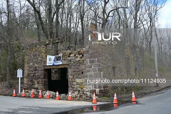 Cones are blocking off the historic Taylor's Mill in Lebanon, New Jersey, United States, on April 6, 2024. Safety cones are blocking off the...