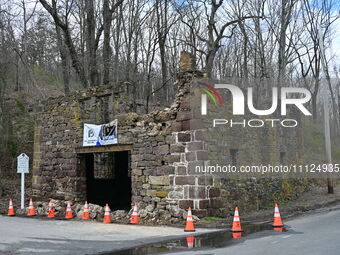 Cones are blocking off the historic Taylor's Mill in Lebanon, New Jersey, United States, on April 6, 2024. Safety cones are blocking off the...