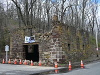 Cones are blocking off the historic Taylor's Mill in Lebanon, New Jersey, United States, on April 6, 2024. Safety cones are blocking off the...