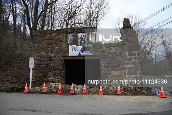 Cones are blocking off the historic Taylor's Mill in Lebanon, New Jersey, United States, on April 6, 2024. Safety cones are blocking off the...