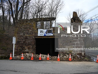 Cones are blocking off the historic Taylor's Mill in Lebanon, New Jersey, United States, on April 6, 2024. Safety cones are blocking off the...