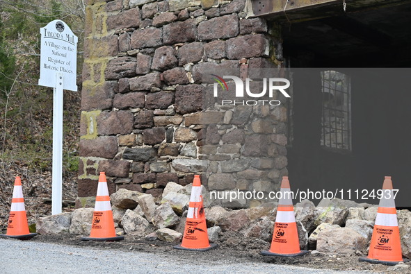 Cones are blocking off the historic Taylor's Mill in Lebanon, New Jersey, United States, on April 6, 2024. Safety cones are blocking off the...