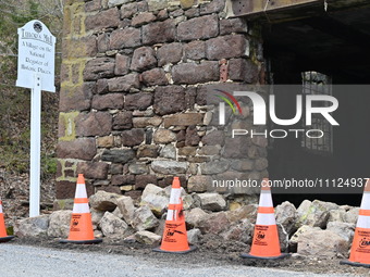 Cones are blocking off the historic Taylor's Mill in Lebanon, New Jersey, United States, on April 6, 2024. Safety cones are blocking off the...