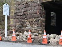 Cones are blocking off the historic Taylor's Mill in Lebanon, New Jersey, United States, on April 6, 2024. Safety cones are blocking off the...