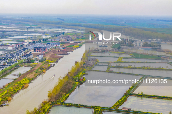 An aerial photo is showing an organic crab breeding base in Suqian, Jiangsu Province, China, on April 6, 2024. 