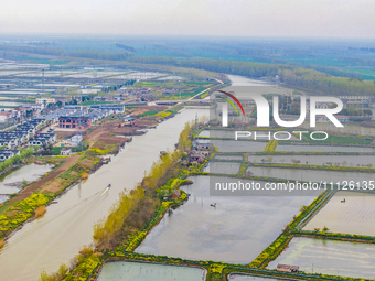 An aerial photo is showing an organic crab breeding base in Suqian, Jiangsu Province, China, on April 6, 2024. (