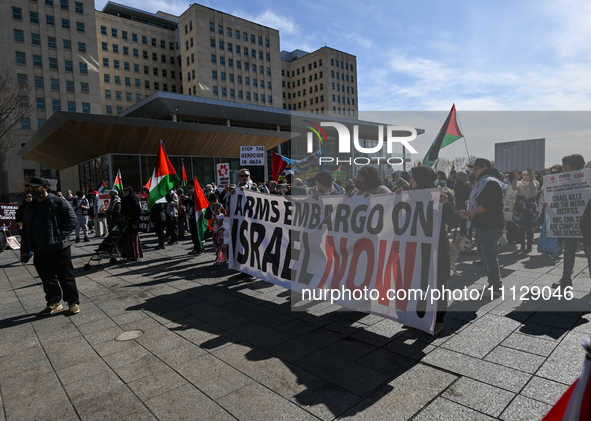 EDMONTON, CANADA - APRIL 07:
Members of the Palestinian diaspora and local activists gather during the 'Stop Genocide Rally' at Violet King...