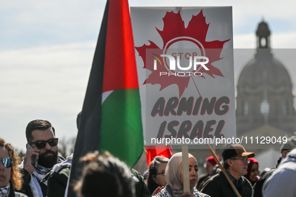 EDMONTON, CANADA - APRIL 07:
Members of the Palestinian diaspora and local activists gather during the 'Stop Genocide Rally' at Violet King...