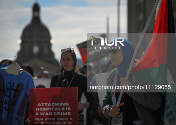 EDMONTON, CANADA - APRIL 07:
Members of the Palestinian diaspora and local activists gather during the 'Stop Genocide Rally' at Violet King...