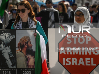 EDMONTON, CANADA - APRIL 07:
Members of the Palestinian diaspora and local activists gather during the 'Stop Genocide Rally' at Violet King...