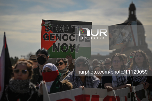 EDMONTON, CANADA - APRIL 07:
Members of the Palestinian diaspora and local activists gather during the 'Stop Genocide Rally' at Violet King...