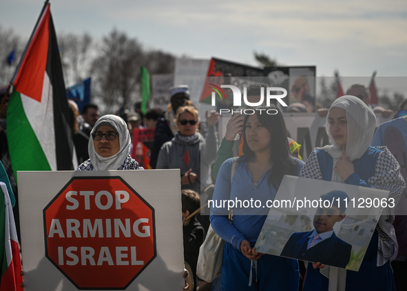 EDMONTON, CANADA - APRIL 07:
Members of the Palestinian diaspora and local activists gather during the 'Stop Genocide Rally' at Violet King...