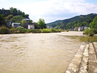 The water level of the Liangjiang River is rising after heavy rains in Datong Township, Qiandongnan County, Guizhou Province, China, on Apri...