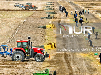 Volunteers are planting trees in Zhangye, Gansu Province, China, on April 9, 2024. (