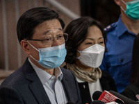 Hong Kong Chief Executive John Lee is visiting Queen Elizabeth Hospital in Hong Kong, on April 10, 2024. A building fire in Hong Kong's Jord...