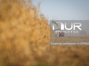 A combine is unloading soybeans onto a grain trailer as it harvests a soybean field. (