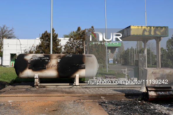 A petrol station is damaged following the Russian missile attack in Odesa, southern Ukraine, on April 10, 2024. NO USE RUSSIA. NO USE BELARU...