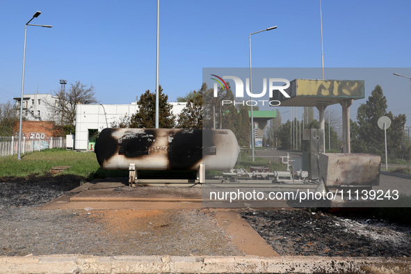 A petrol station is damaged following the Russian missile attack in Odesa, southern Ukraine, on April 10, 2024. NO USE RUSSIA. NO USE BELARU...