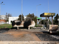 A petrol station is damaged following the Russian missile attack in Odesa, southern Ukraine, on April 10, 2024. NO USE RUSSIA. NO USE BELARU...