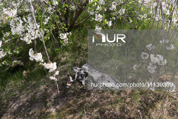 A piece of debris is being pictured at the Kharkiv Combined Heat and Power Plant (CHP) in Kharkiv Region, northeastern Ukraine, on April 11,...