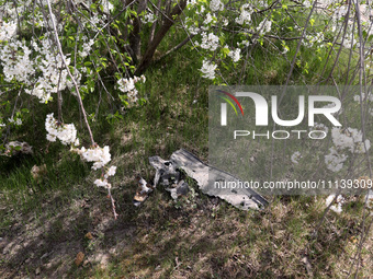 A piece of debris is being pictured at the Kharkiv Combined Heat and Power Plant (CHP) in Kharkiv Region, northeastern Ukraine, on April 11,...