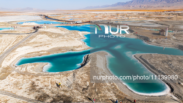 An aerial photo is showing Dachaidan Emerald Lake, a unique salt lake in Xining, China, on September 16, 2023. 