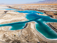 An aerial photo is showing Dachaidan Emerald Lake, a unique salt lake in Xining, China, on September 16, 2023. (