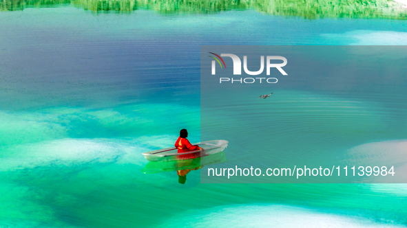 An aerial photo is showing Dachaidan Emerald Lake, a unique salt lake in Xining, China, on September 16, 2023. 