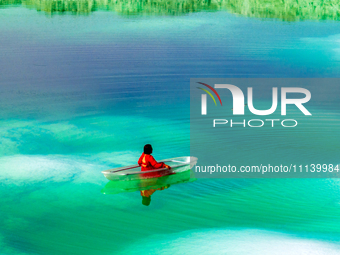 An aerial photo is showing Dachaidan Emerald Lake, a unique salt lake in Xining, China, on September 16, 2023. (