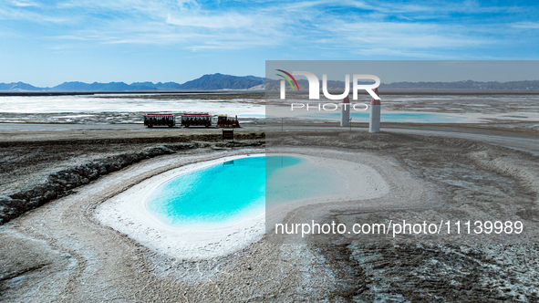 An aerial photo is showing Dachaidan Emerald Lake, a unique salt lake in Xining, China, on September 16, 2023. 