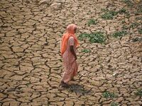 A woman is crossing a dried-up lake at Boklung near Kathiatoli in Nagaon District, Assam, India, on April 13, 2024. (