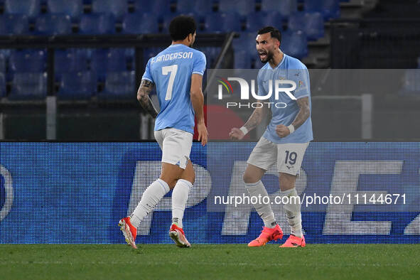 Felipe Anderson of S.S. Lazio is celebrating after scoring the second goal, making it 2-0, during the 32nd day of the Serie A Championship b...