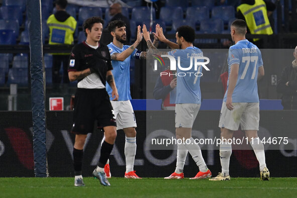 Felipe Anderson of S.S. Lazio is celebrating after scoring the third goal, making it 3-1, during the 32nd day of the Serie A Championship be...