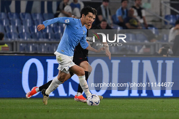 Daichi Kamada of S.S. Lazio and Alessandro Zanoli of U.S. Salernitana 1919 are competing during the 32nd day of the Serie A Championship bet...
