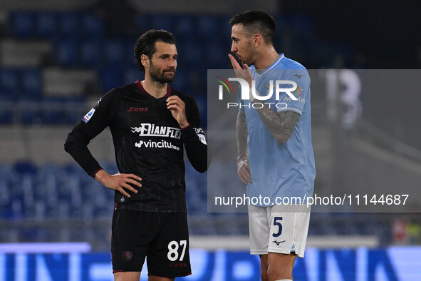 Antonio Candreva of U.S. Salernitana 1919 and Matias Vecino of S.S. Lazio are competing during the 32nd day of the Serie A Championship betw...
