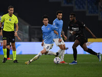 Daichi Kamada of S.S. Lazio and Jerome Boateng of U.S. Salernitana 1919 are competing during the 32nd day of the Serie A Championship betwee...